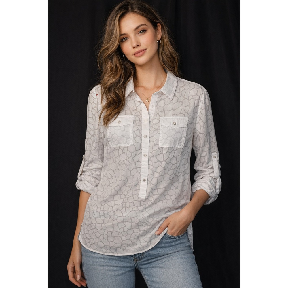 Dana Buchman Sheer Blouse S White Abstract Print Quiet Luxury Minimalist Chic